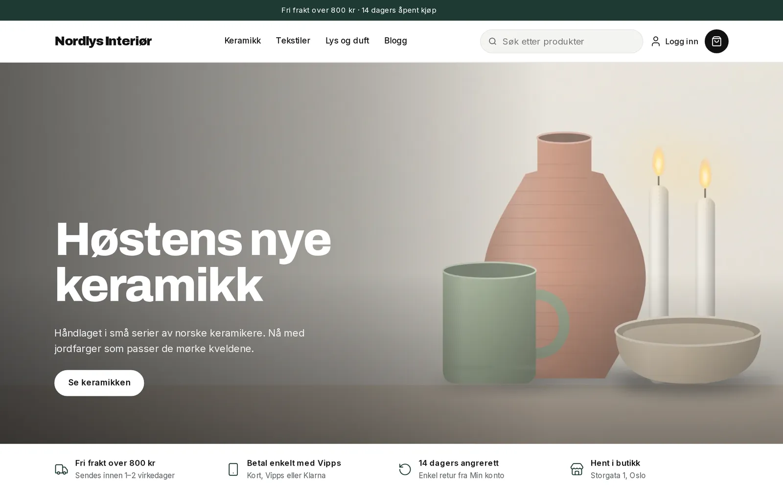 Eksempel på nettbutikk laget med MinButikk, malen Moderne