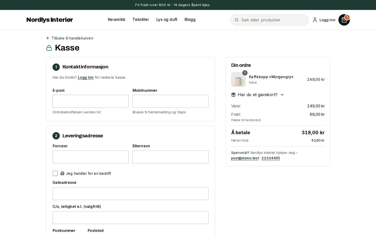 Kassen i en MinButikk-nettbutikk med Vipps, Klarna og Bring